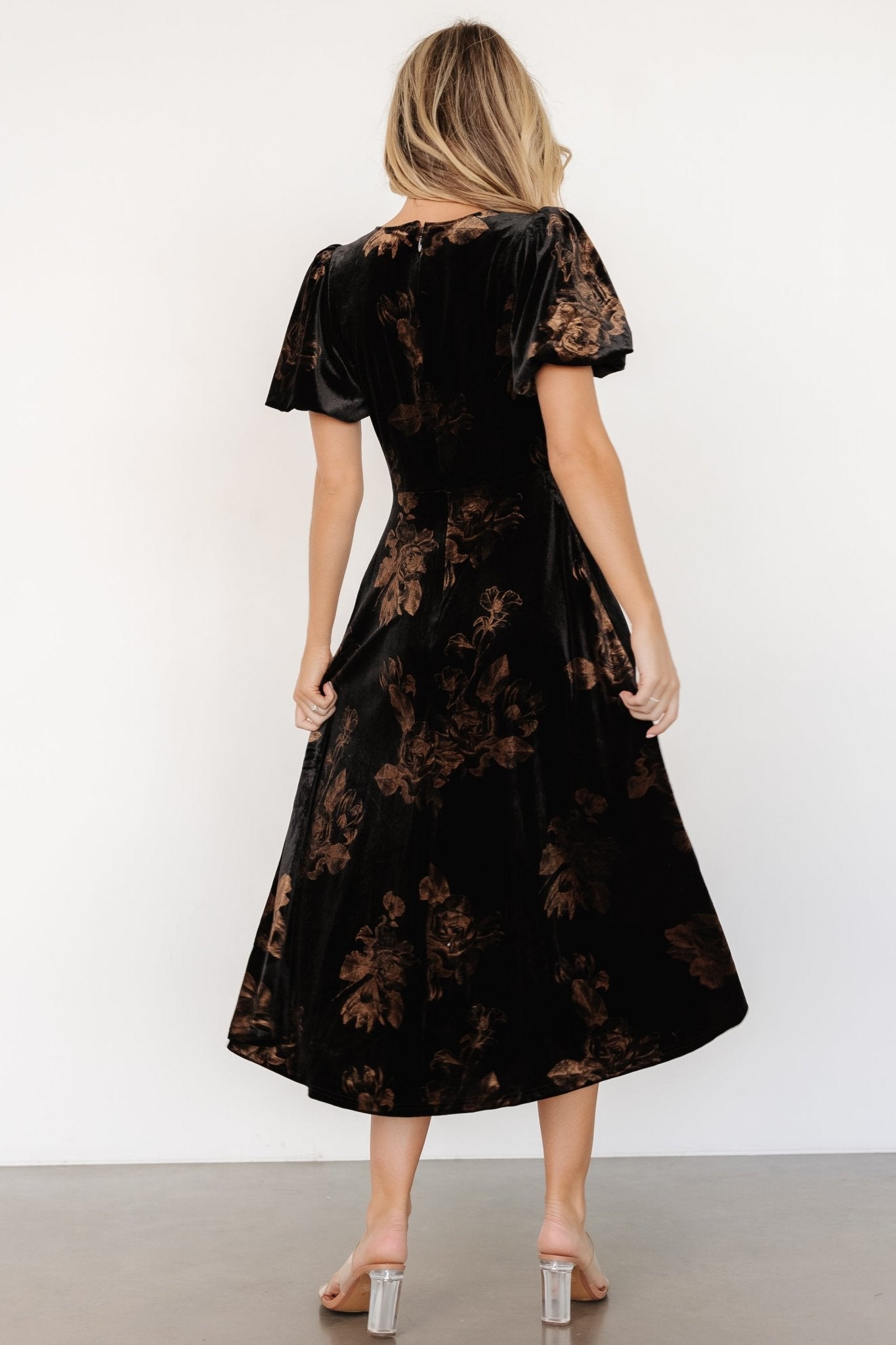 janna velvet midi dress black bronze floral 109384