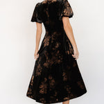 janna velvet midi dress black bronze floral 109384