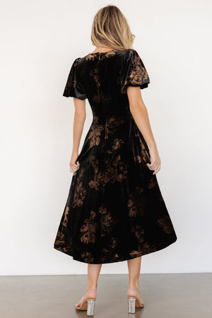janna velvet midi dress black bronze floral 109384