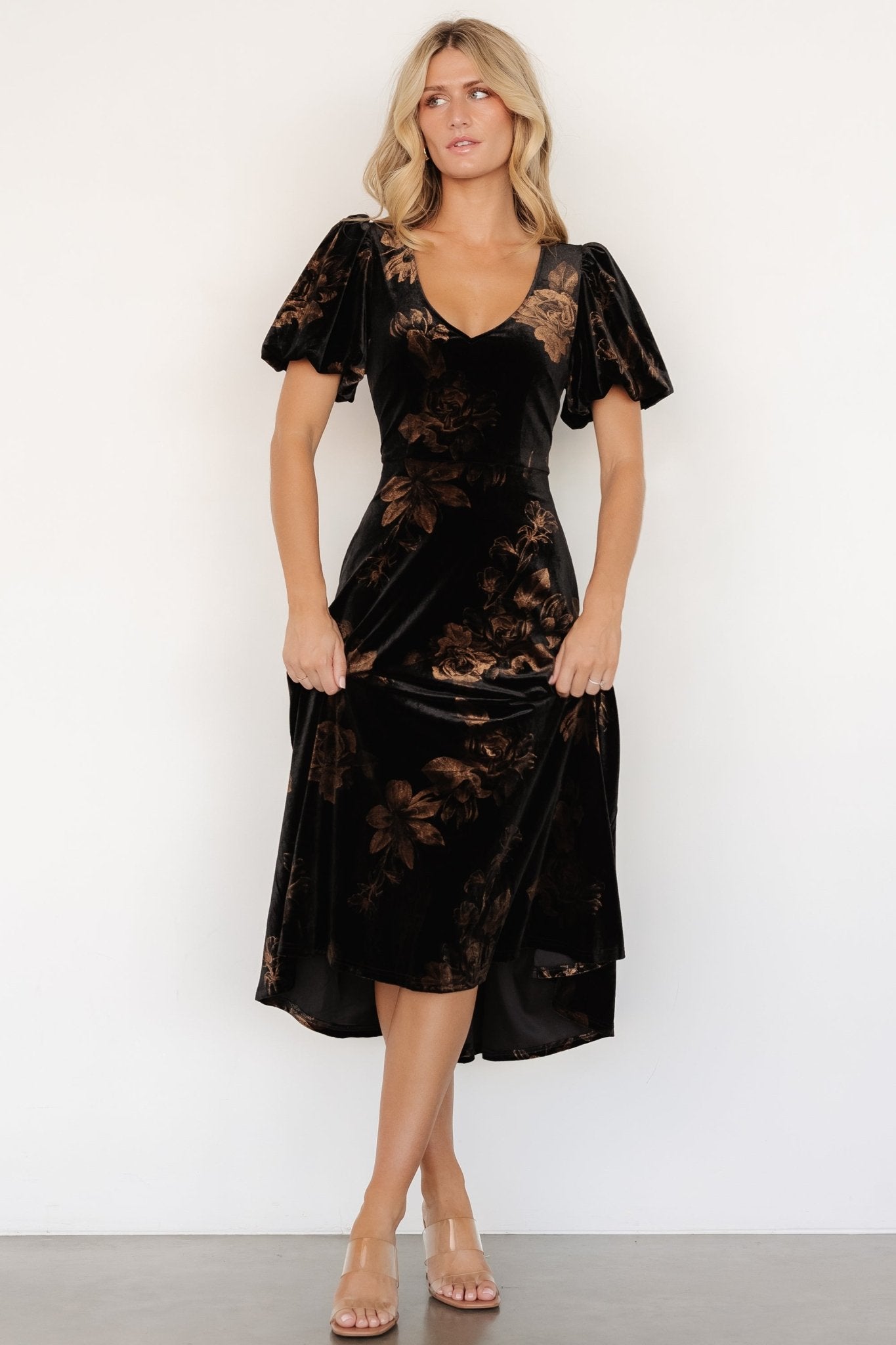 janna velvet midi dress black bronze floral 135276