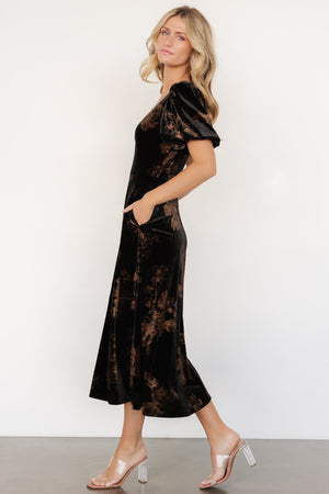 janna velvet midi dress black bronze floral 227226