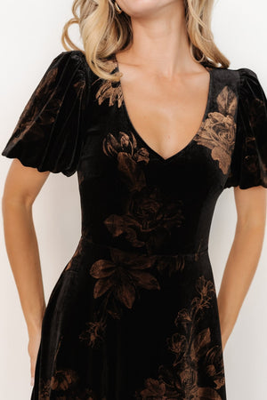 janna velvet midi dress black bronze floral 416279