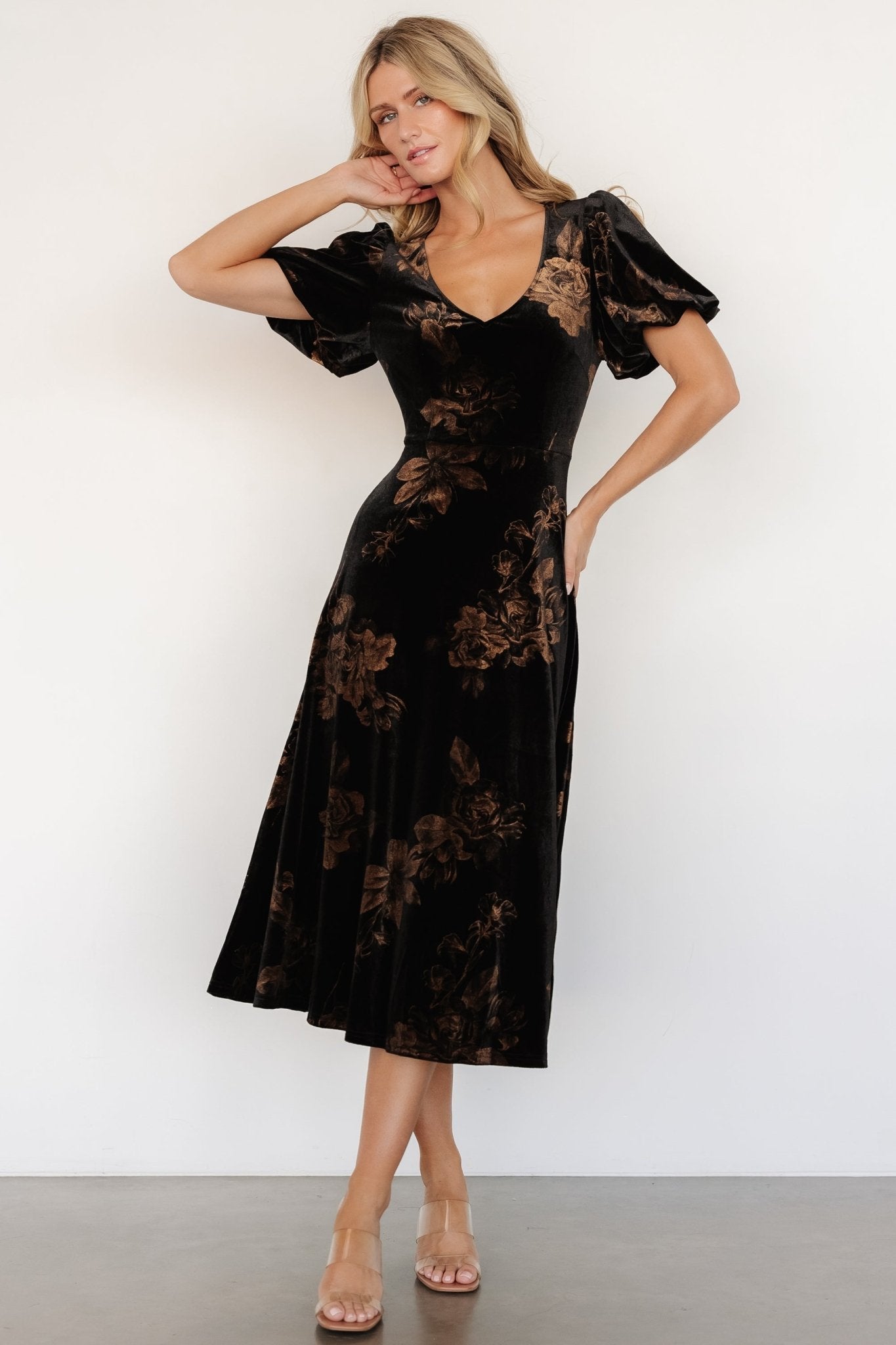 janna velvet midi dress black bronze floral 447787