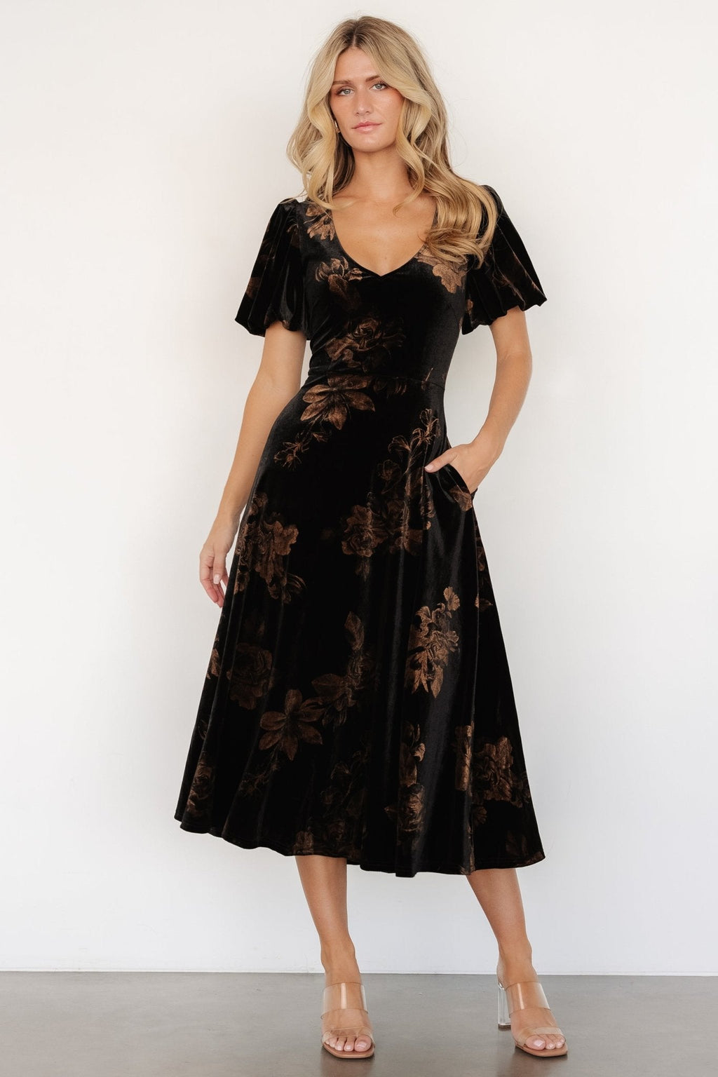 janna velvet midi dress black bronze floral 558169