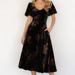 janna velvet midi dress black bronze floral 558169
