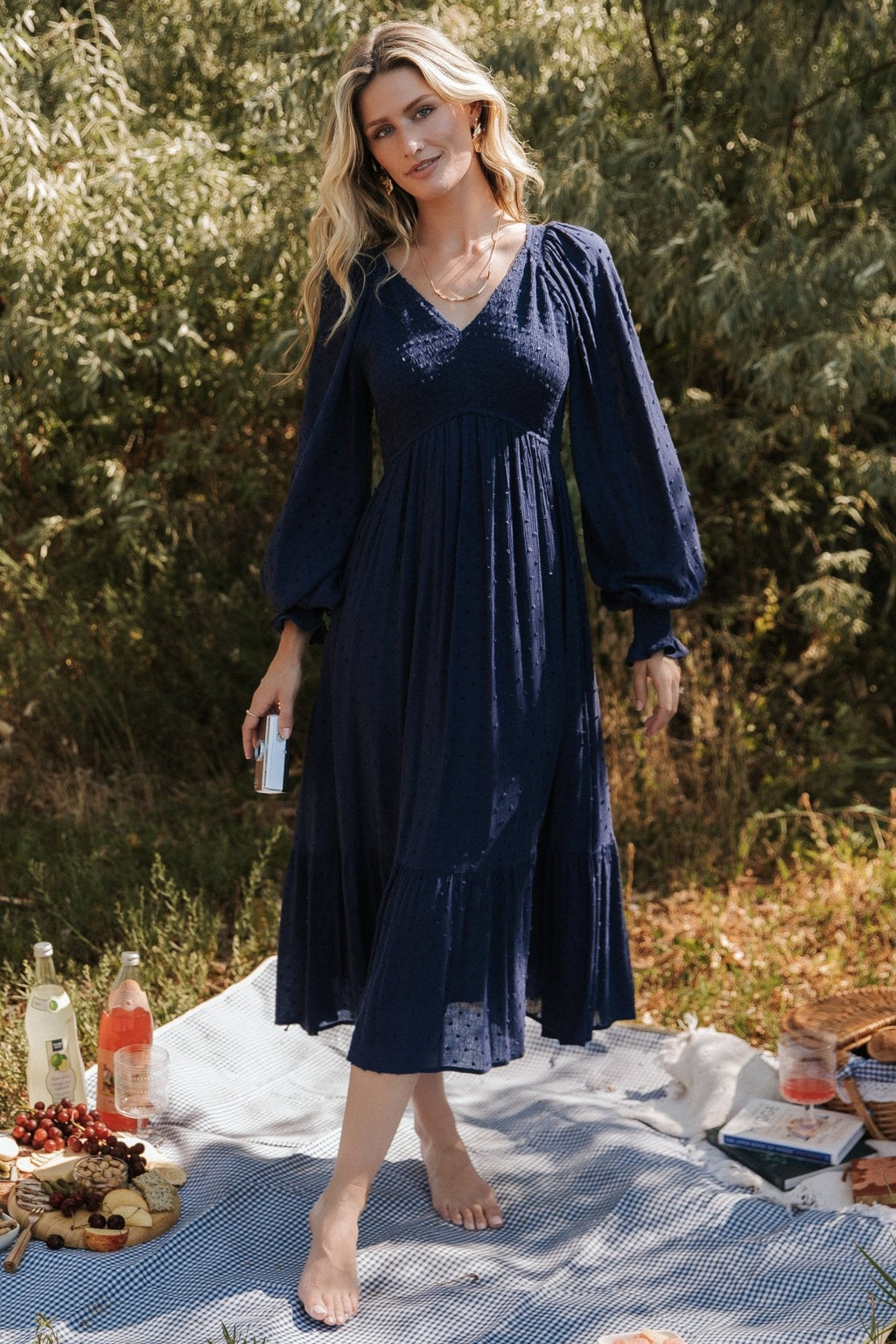 lainey smocked dotted midi dress midnight blue 131693