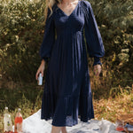 lainey smocked dotted midi dress midnight blue 131693