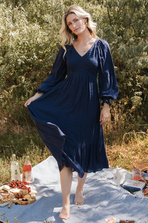 lainey smocked dotted midi dress midnight blue 153948
