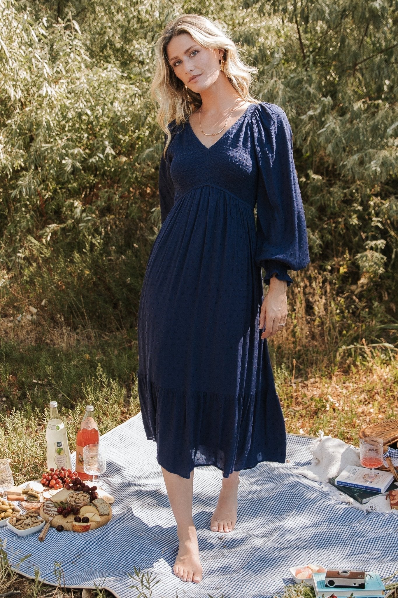 lainey smocked dotted midi dress midnight blue 216718