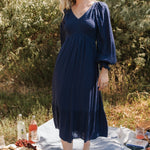 lainey smocked dotted midi dress midnight blue 216718