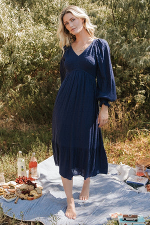 lainey smocked dotted midi dress midnight blue 216718