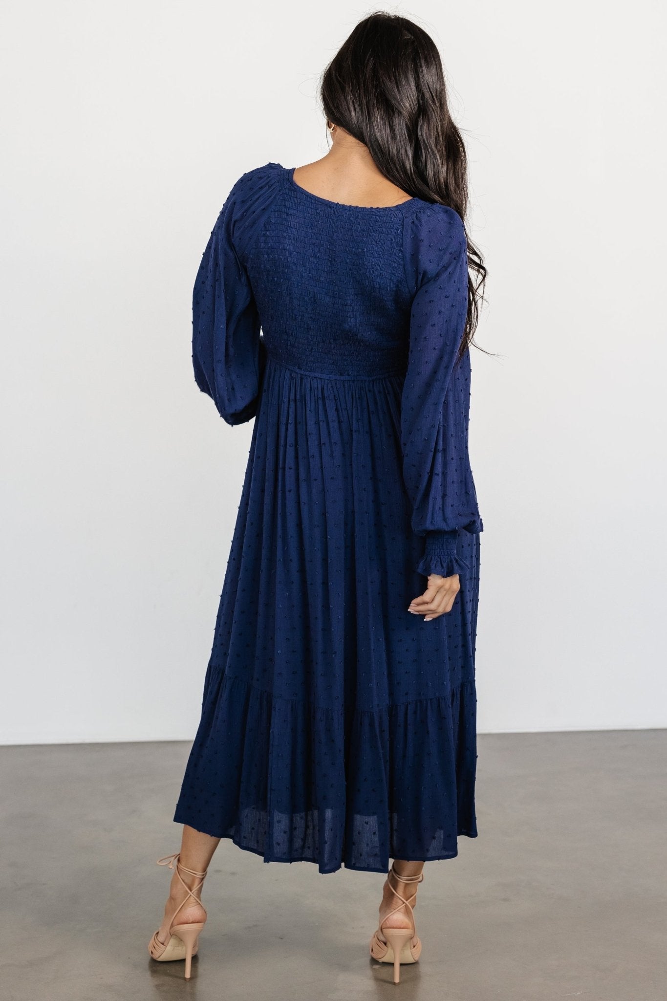 lainey smocked dotted midi dress midnight blue 552747