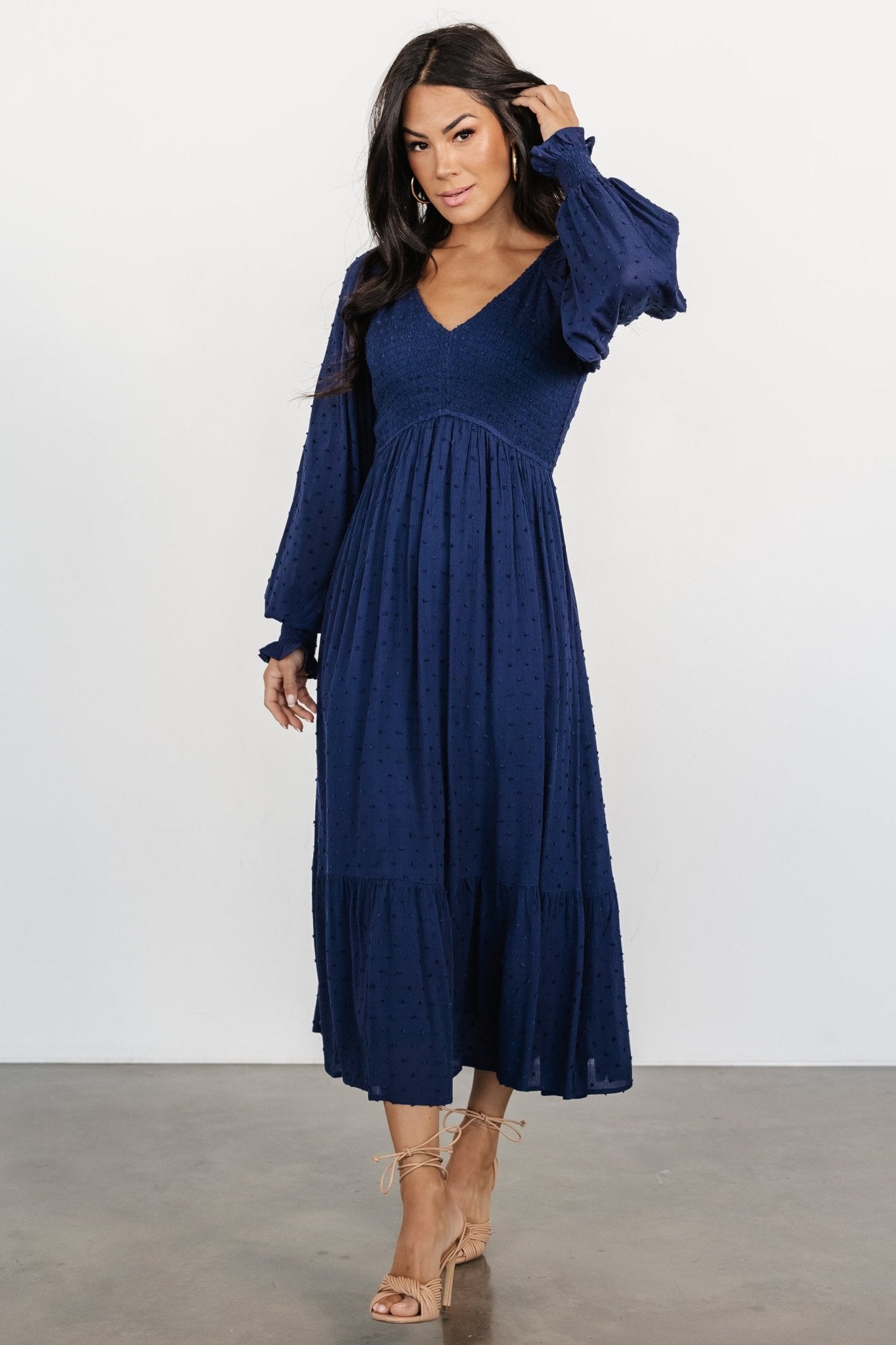 lainey smocked dotted midi dress midnight blue 610181