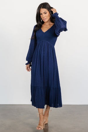 lainey smocked dotted midi dress midnight blue 610181