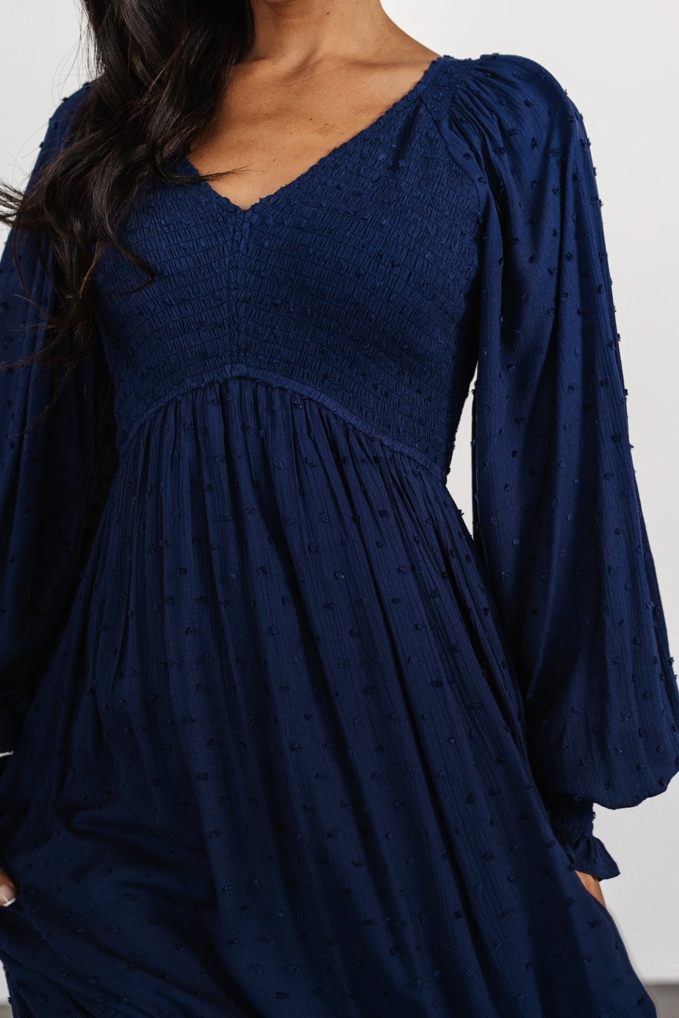 lainey smocked dotted midi dress midnight blue 705095