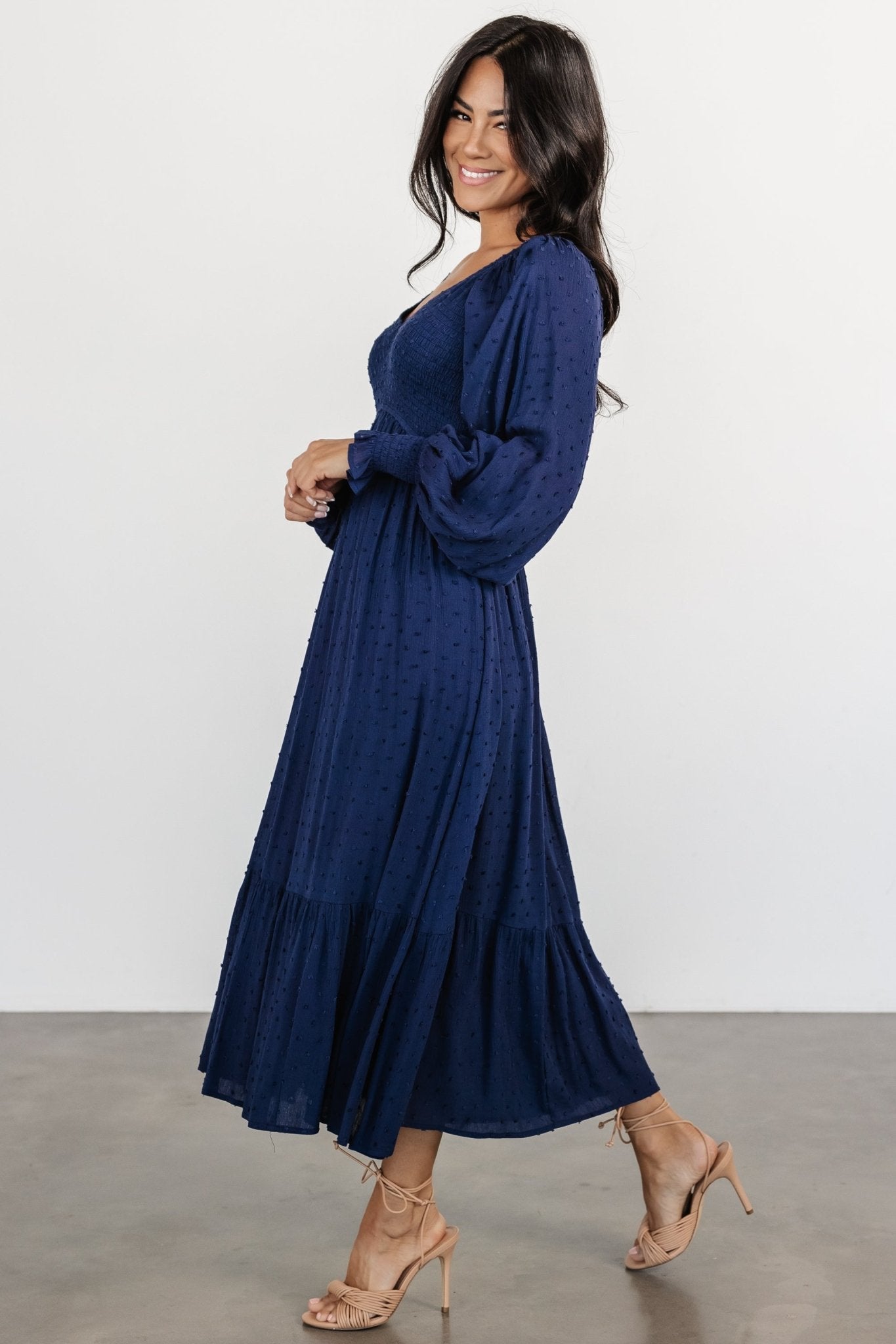 lainey smocked dotted midi dress midnight blue 722179