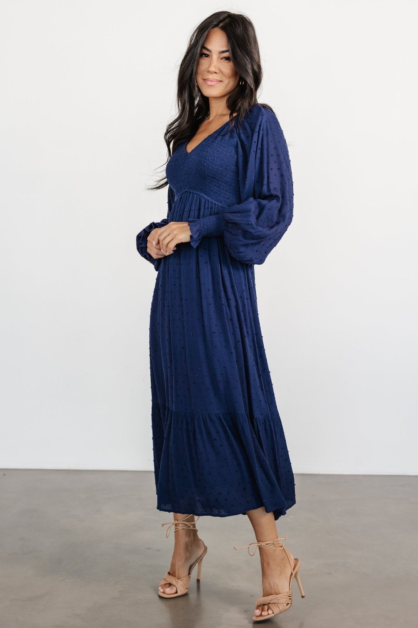 lainey smocked dotted midi dress midnight blue 992519