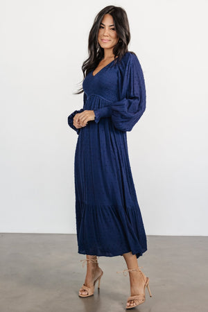 lainey smocked dotted midi dress midnight blue 992519